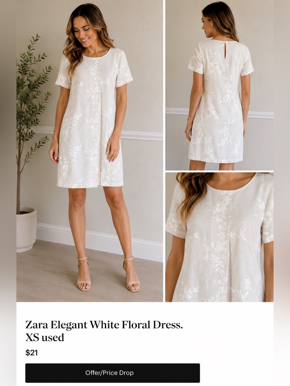 Zara Elegant White Floral Dress. XS used